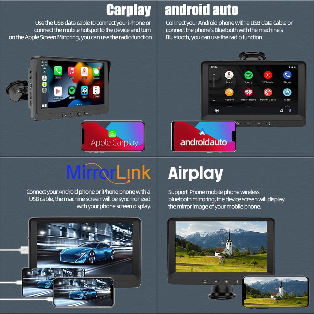Eaglerich Car Stereo Receiver Wireless Carplay & Android Auto Portable Screen 7-inch 2.5D IPS Touchscreen Bluetooth Mirror Link FM Transmitter Built-in Speaker TF USB AUX+4LED Camera