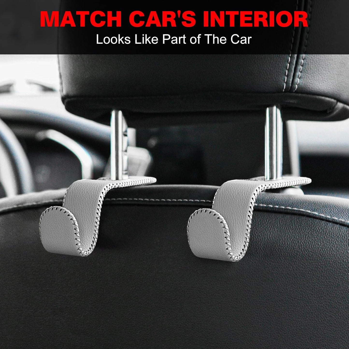 AMVOYOA Leather-Wrapped Car Headrest Hooks & Seat Back Organizer - 2 Pack U-Shaped Car Purse Holder for Bags, Coats, Handcrafted Stitching, Flexible Car Accessories for Women (Gray)
