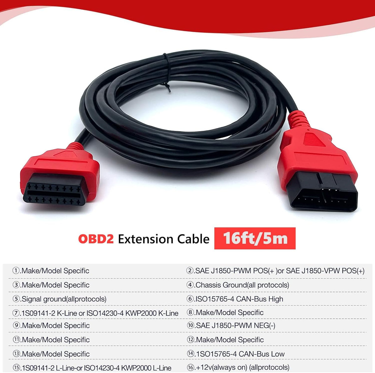 JUTA OBD2 Extension Cable Ultra-Long 16ft/5m 16-Pin OBD-II Male to Female Extension Cord OBDII Diagnostic Extender Adapter - 16ft/5m