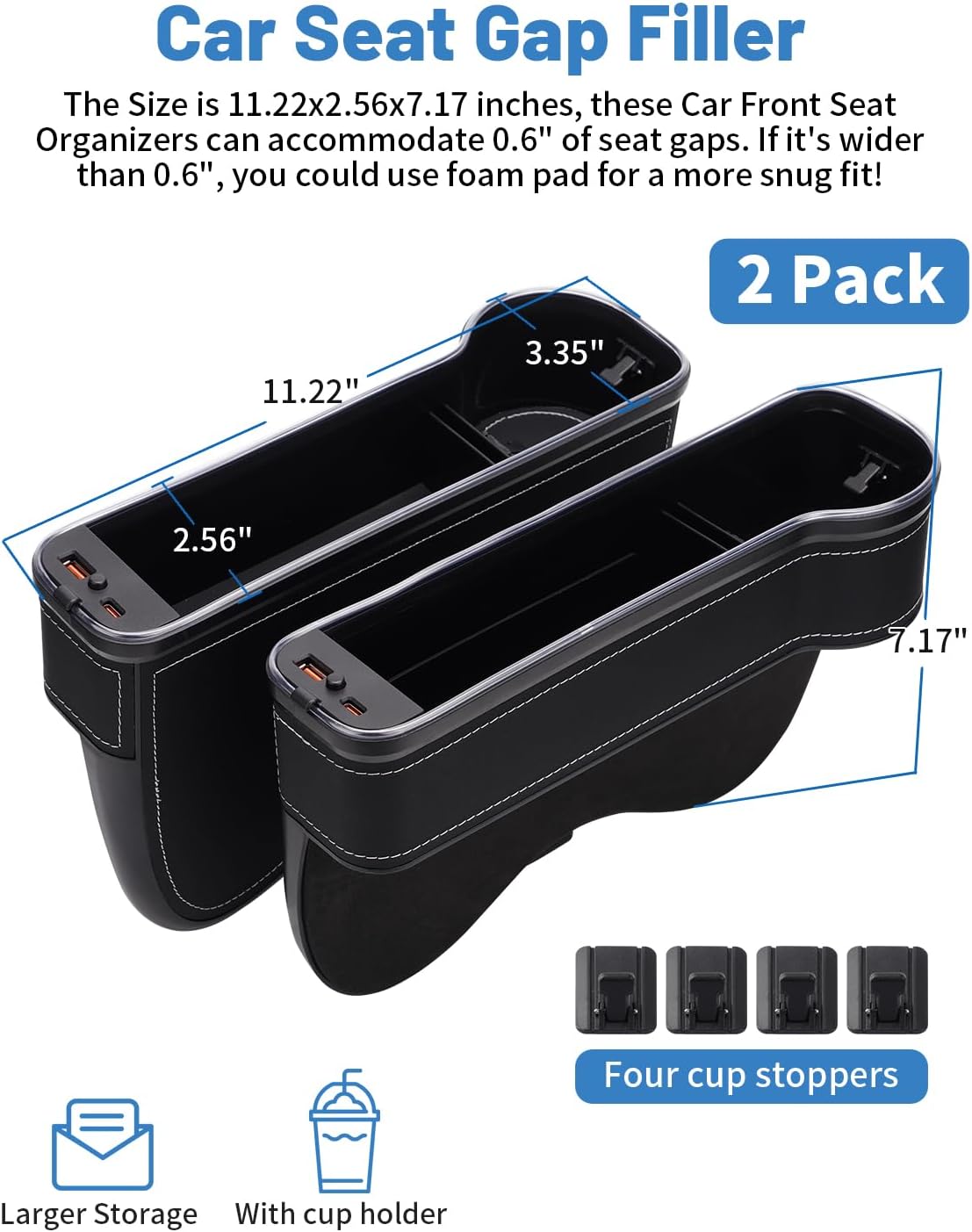 Shademax LED Car Seat Gap Filler Organizer Console Side Storage Box Between Seats with Cup Holders RGB Color Changing Storage Front Seat Gap Filler with USB Charging Car Interior Accessories (2 Pack)