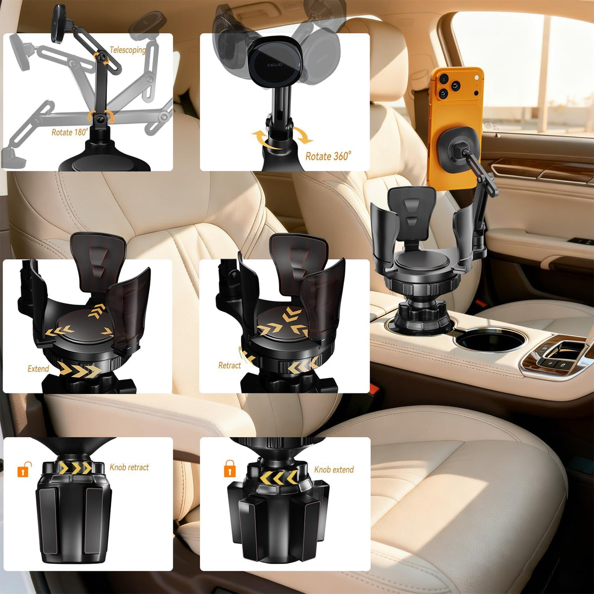 EXELIQ Cup Holder Phone Mount with MagSafe, 2-in-1 Expander