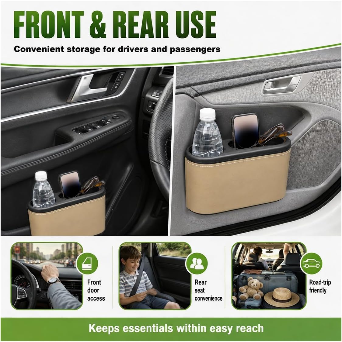 Car Trash Can with Lid, Leakproof Car Back Seat Hanging Garbage Organizer with Cup Holder, Multipurpose Auto Interior Door Trash Bin for Vehicle, Home, Office(Beige)