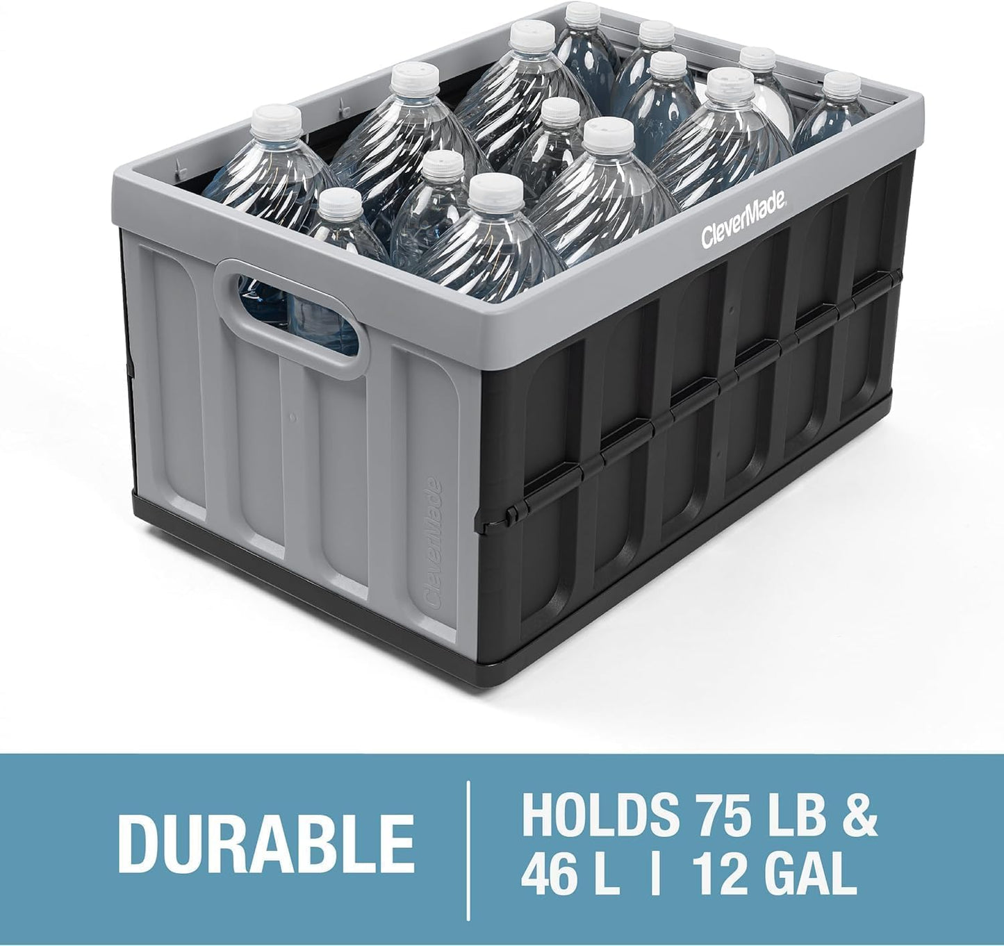 CleverMade Collapsible Storage Bins with Lids (46L, 3 Pack) – Stackable Foldable Plastic Storage Crates for Home, Closet & Trunk Organization - Obsidian
