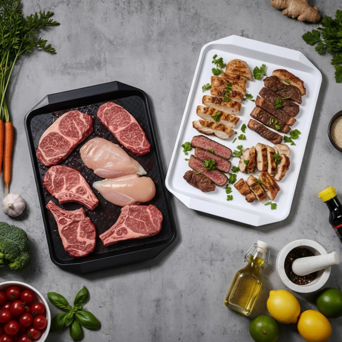 DoubleFill Set of 4 Grilling Prep and Serve Trays, 17x12 Inch Large BBQ Platter for Raw and Cooked Food, Cooking Meat Plastic Grilling Trays, Black and White Stackable Defrosting Prep and Carry System
