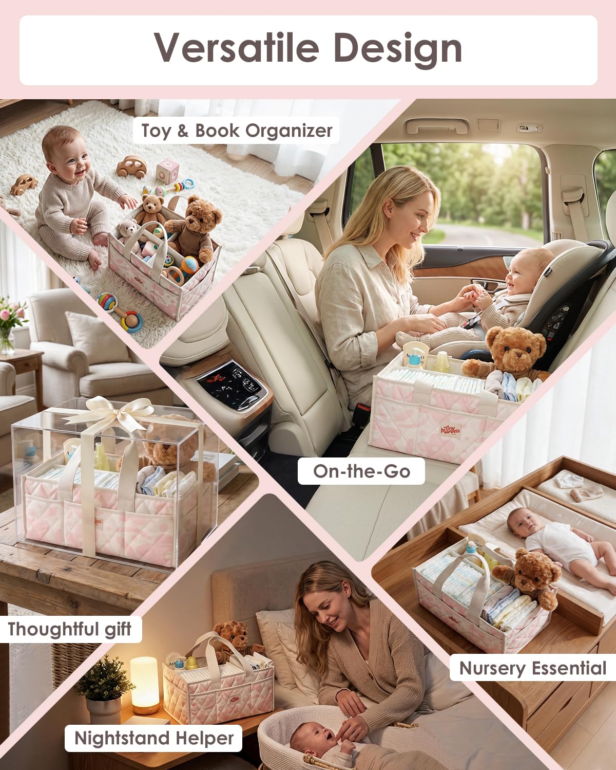 Baby Diaper Caddy Organizer – Nursery Storage Basket with Portable Handle & Removable Divider, Stylish Diaper Caddy for Changing Table, Couch, Car, Newborn Essentials Registry Search Must Haves