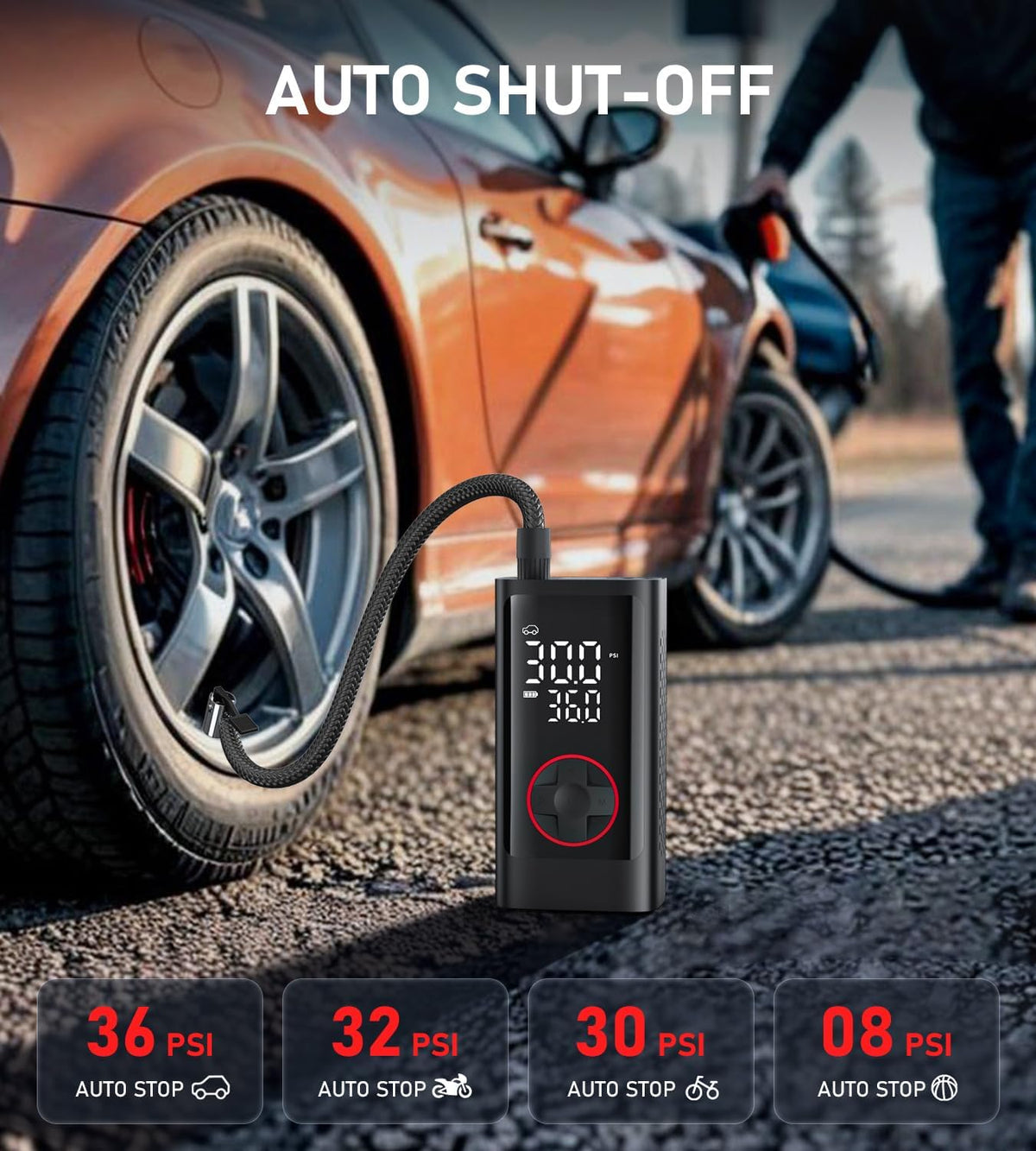 Tire Inflator Portable Air Compressor, 150PSI Cordless Air Pump for Car Tires, Bike Tire Pump with Pressure Gauge, Auto Shut Off, LED Light for Car Motorcycle Bicycle