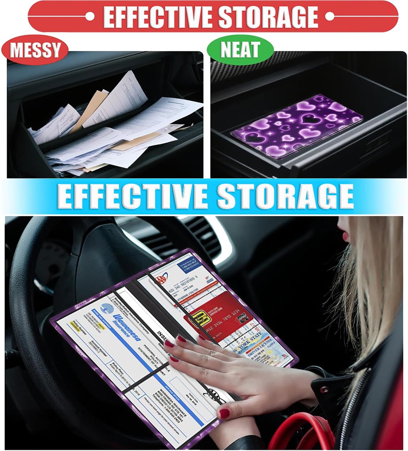 Car Document Holder with Magnetic Shut, PU Leather Car Registration & Insurance Card Holder for Driver License, Cards & Essential Documents, Vehicle Glove Box Organizer, Purple Heart Balloon Pattern