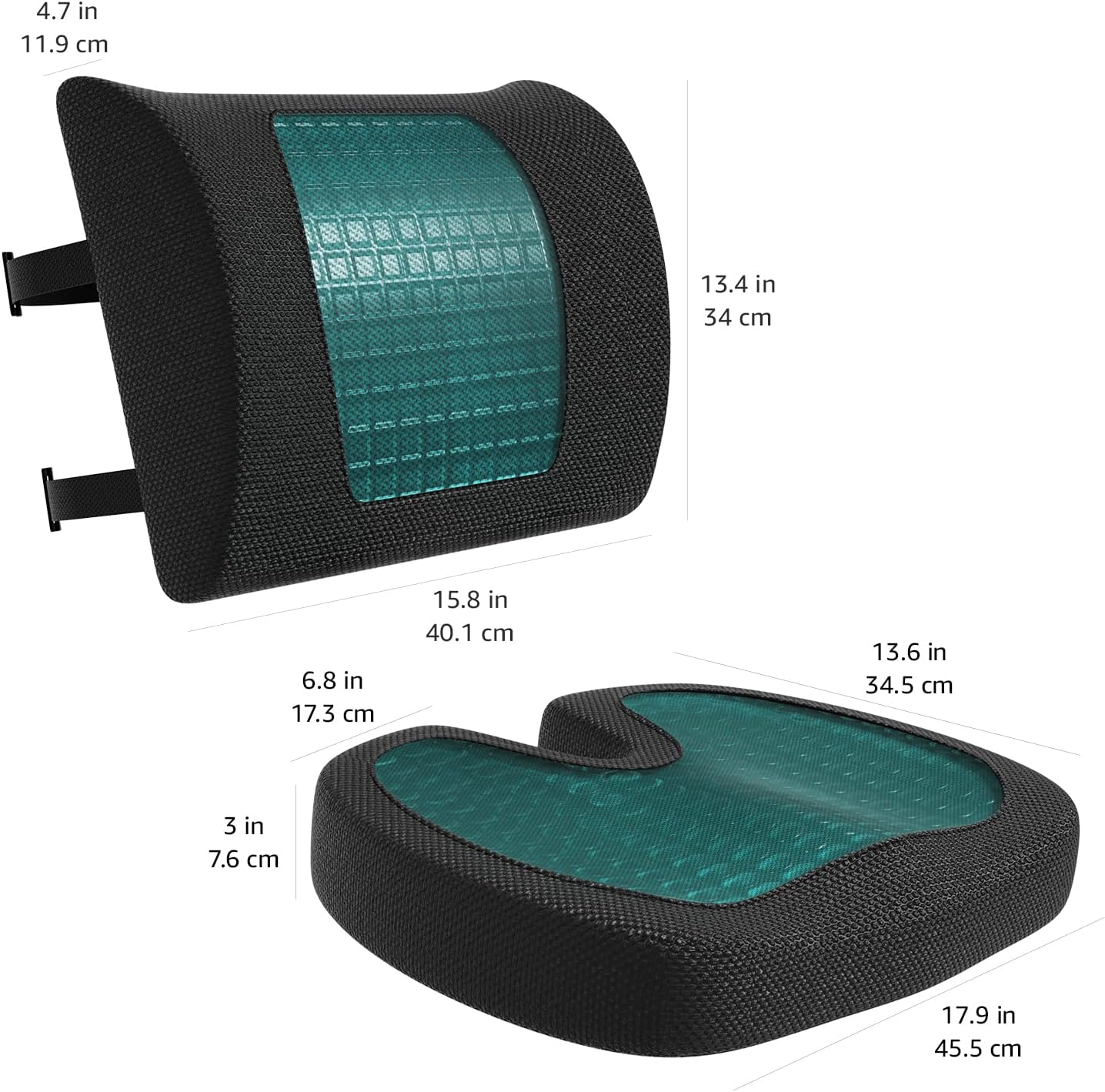 Amazon Basics Comfortable Seat Cushion &amp; Lumbar Support for Office Chairs, Gel Enhanced Memory Foam, Non-Slip, Cooling, Portable, Pack of 2, Rectangular, Black