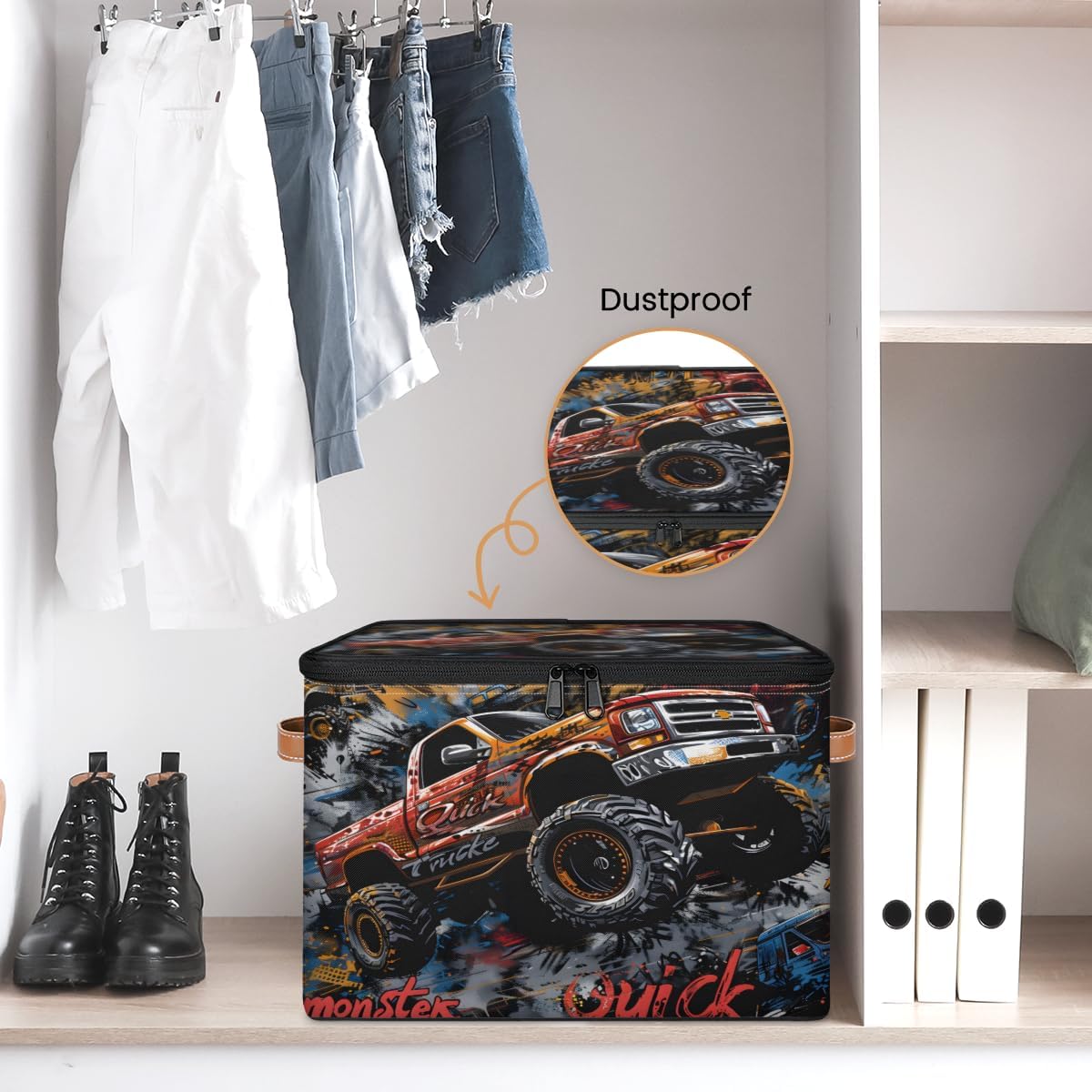 Storage Bin with Lid, Stackable Closet Storage Bins, Cool Trucks Decorative Bedroom Organizer Box, Lidded Baskets Living Room Storages Boxes Cube Organizer, Cute Container with Handles