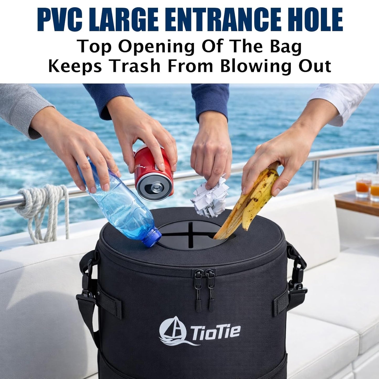 Boat Trash Can with 5.5in PVC Cross Opening, Large 26" Marine Garbage Bag for Pontoon, Fishing &amp; Kayak Boats, 1680D Waterproof/Windproof Boat Trash Bag with Storage Pockets (Black)