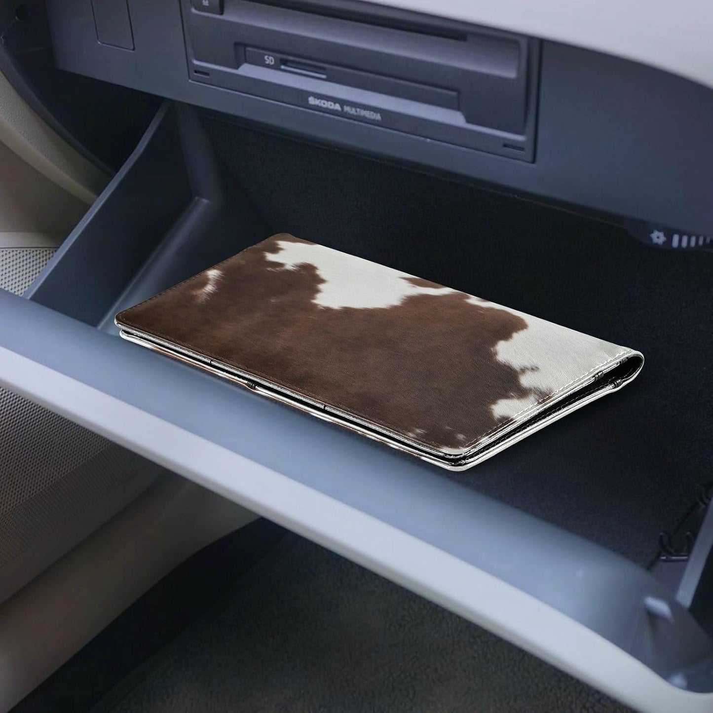 GuoChe Glove Box Organizer Car Registration and Insurance Holder Cow Print Texture Car Document Holder Auto Glove Compartment Essential