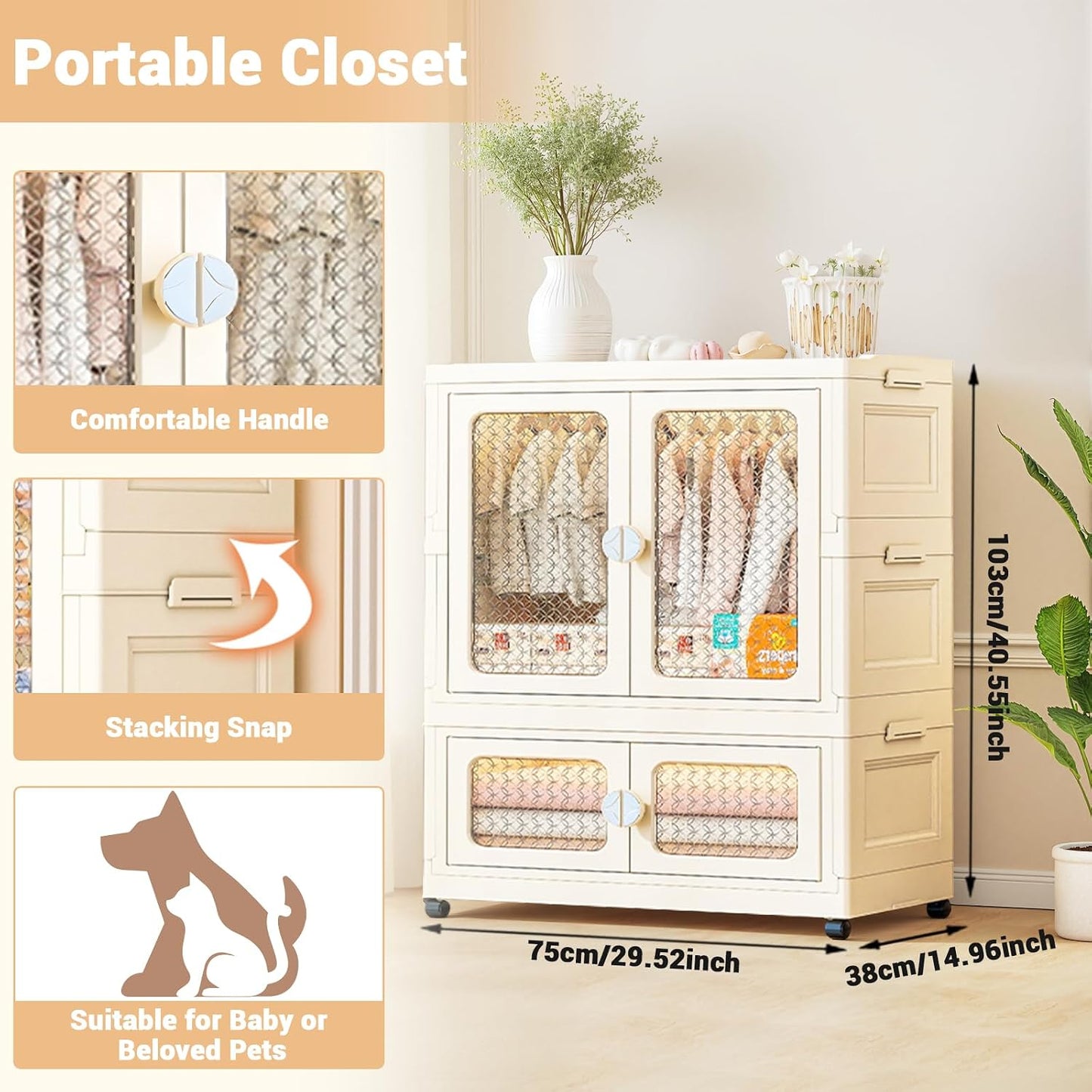 267 QT Stackable Storage Bins With Lids - Closet Organizers and Storage Containers with Wheels, Doors and Hanging Rods, Plastic Large Trunk Car Organizer for Home(Transparent)