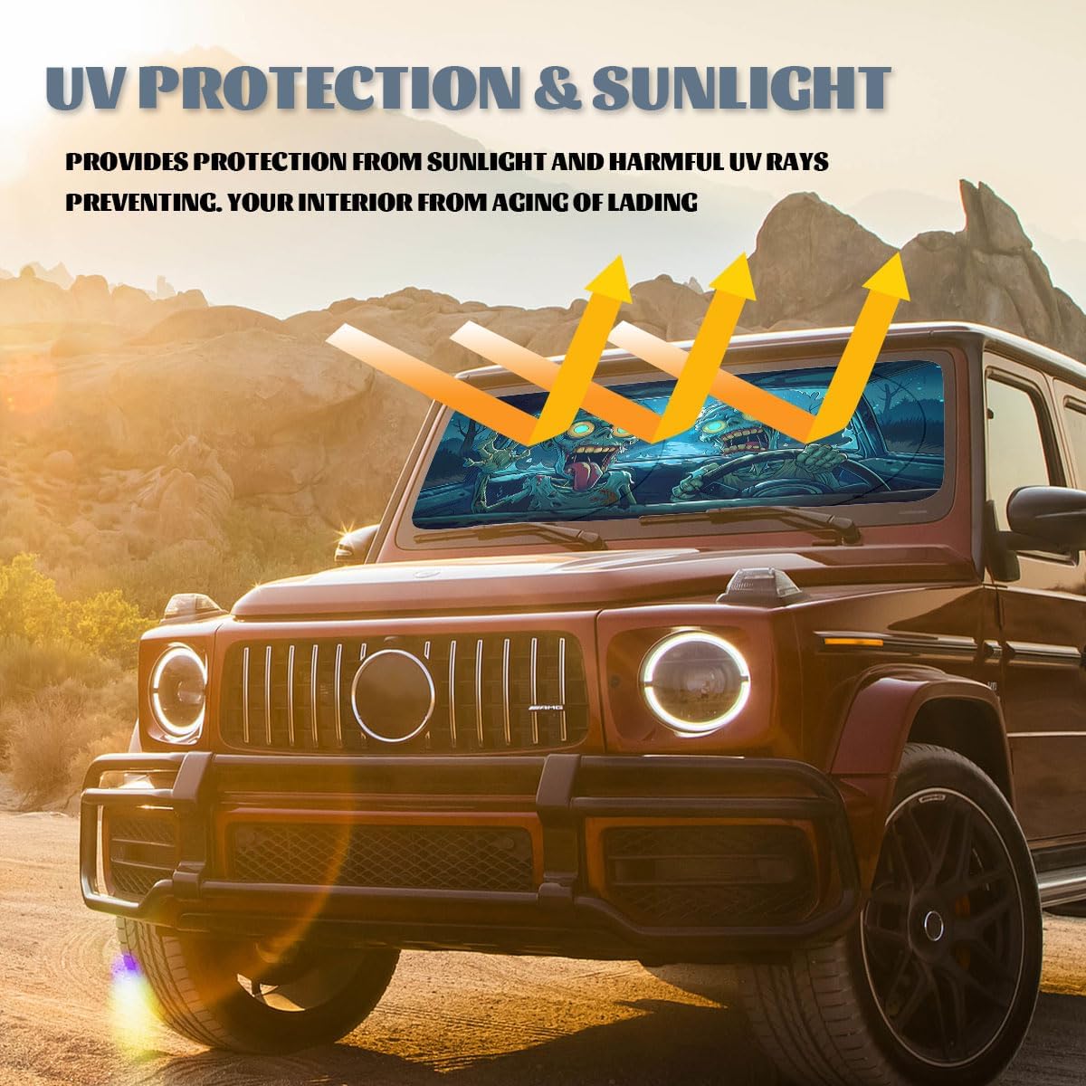 Funny Zombie Car Windshield Sun Shield, 59"L x 31.5"W, Universal Fit, Polyester, UV Protection, Easy Installation