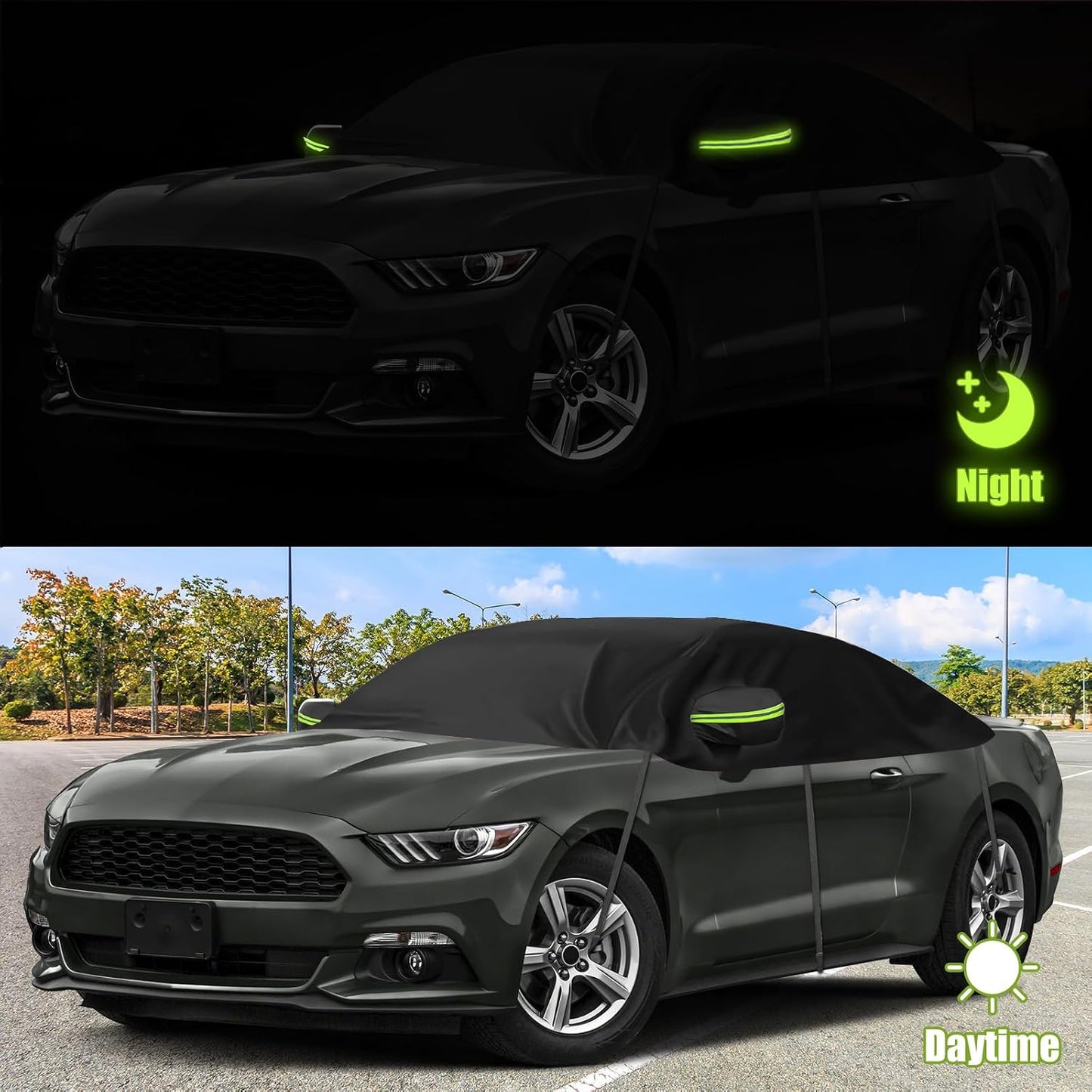 300D Black Oxford Half Car Cover Compatible with 2005-2024 Ford Mustang S-197/S550/S650, Protector Car Body Covers for Windproof Dustproof UV Resistant Protect Your Windshield and Roof