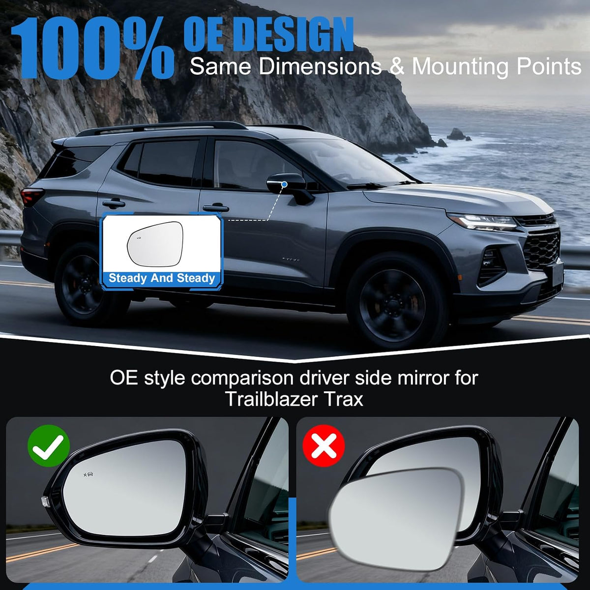 Driver Side Mirror Glass Replacement Compatible with 2021-2025 Chevy Trailblazer & 2024-2025 Trax, Left Side Mirror with Heated and Blind Spot Detection