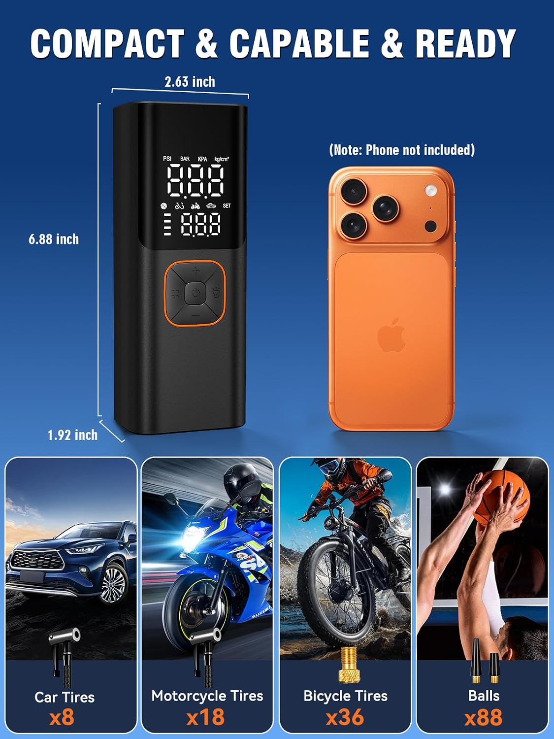 Tire Inflator Portable Air Compressor, 6000mAh Cordless & 12V DC