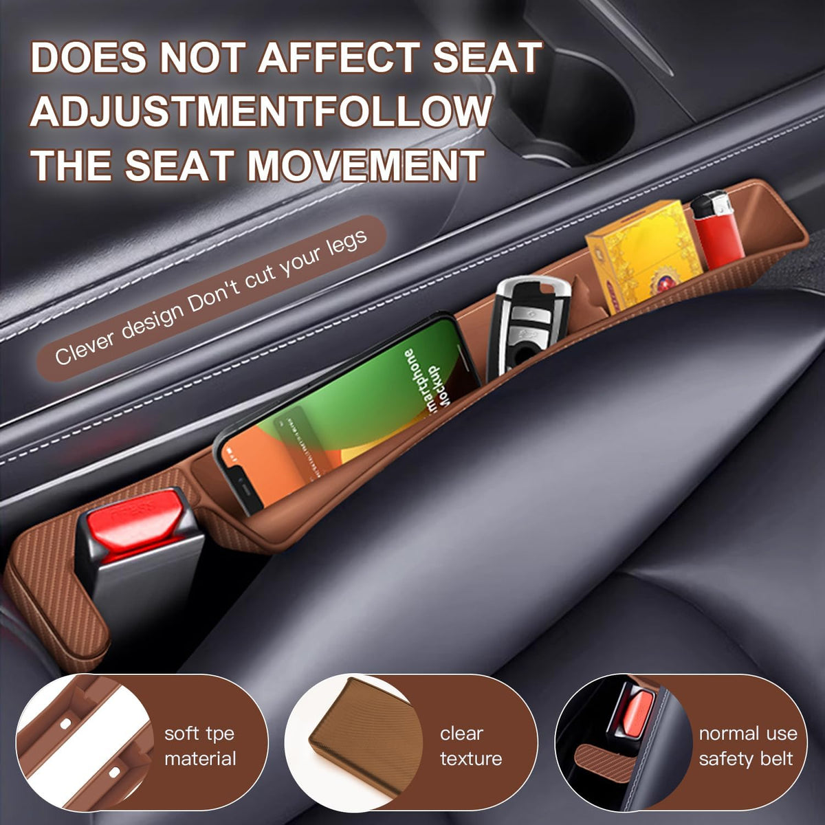 2PCS Car Seat Gap Filler Organizer,Multifunctional Car Gap Fillers with USB and Phone Holder, Universal Car Seat Storage Organizer Between Seats for Phone, Keys, Eyeglasses(Brown)