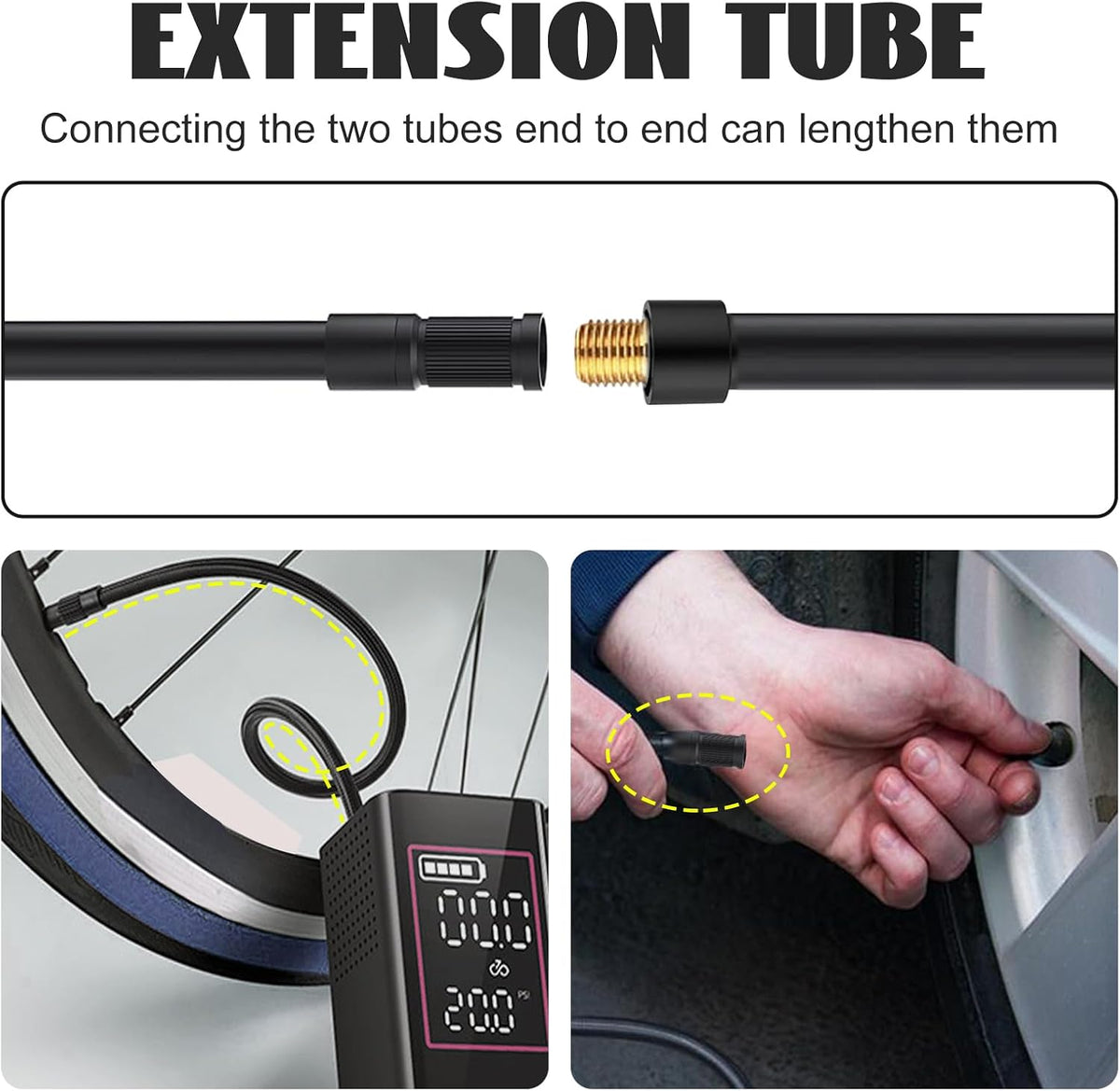 2PCS Universal Brass Screw Thread Tire Inflator Extension Tube, Air Pump Hose Adapter Suit for Car, Motorcycle, E-Bike, VG8 Extension Hose Quick Turn Inflation Attachments 19.69 inches