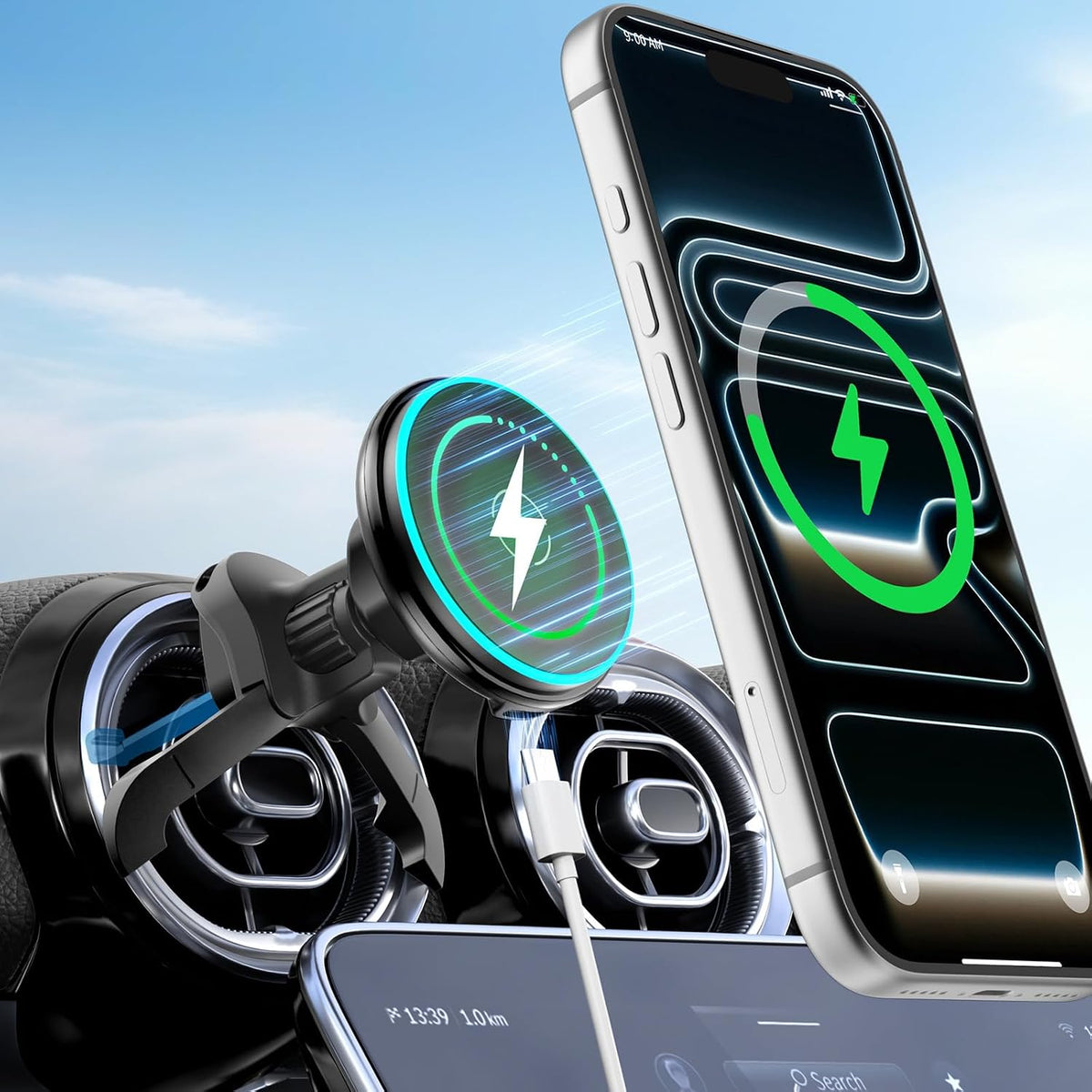 CloudValley 15W Charger Air Vent Car Mount for Mercedes Benz A/B/C/E/V/G/Class & Audi A1/A2/A3, Magnetic Wireless Charging Phone Holder for iPhone 17 Pro Max 16 15 14 13 12, Compatible with Magsafe