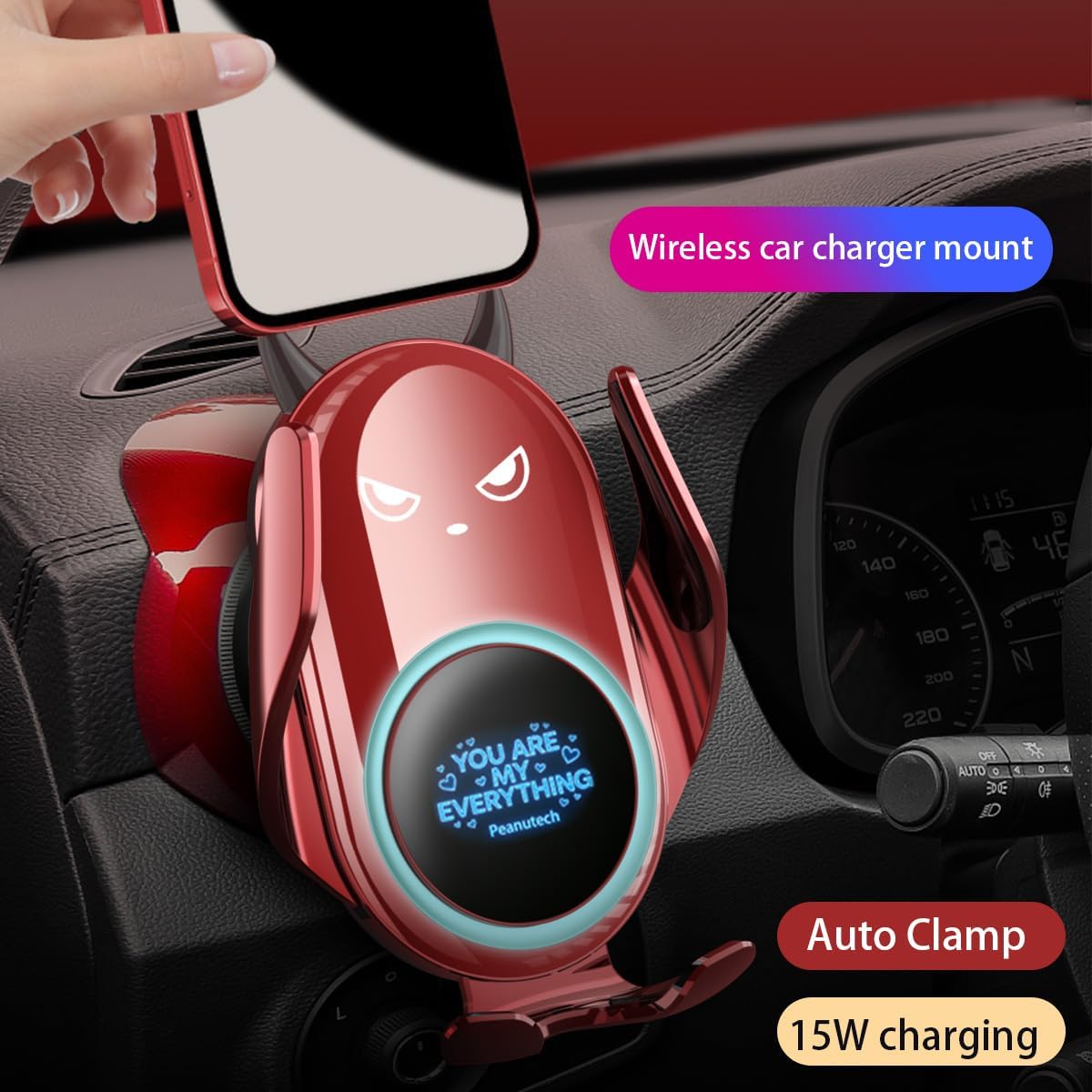 Cute Red Demon Gothic Wireless Car Phone Charger Mount, Auto Clamp Holder