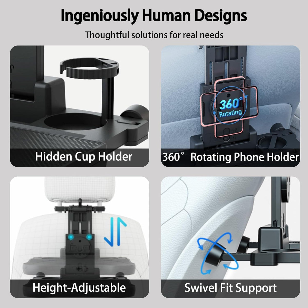 Large Foldable Backseat Tray Table, Car Laptop Desk with Cup Holder, Back Headrest Passenger Food Tray, Phone Tablet Holder, Multifunctional Travel Desk, Car Essentials for Kids & Long Road Trips