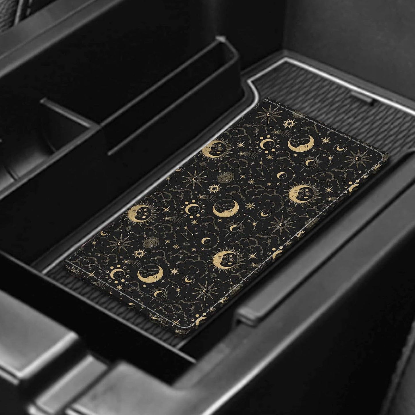 Leather Car Registration and Insurance Card Holder, Cute Car Accessories Vehicle Glove Box Car Organizer for Documents, Cards, License Cute Boho Sun Moon