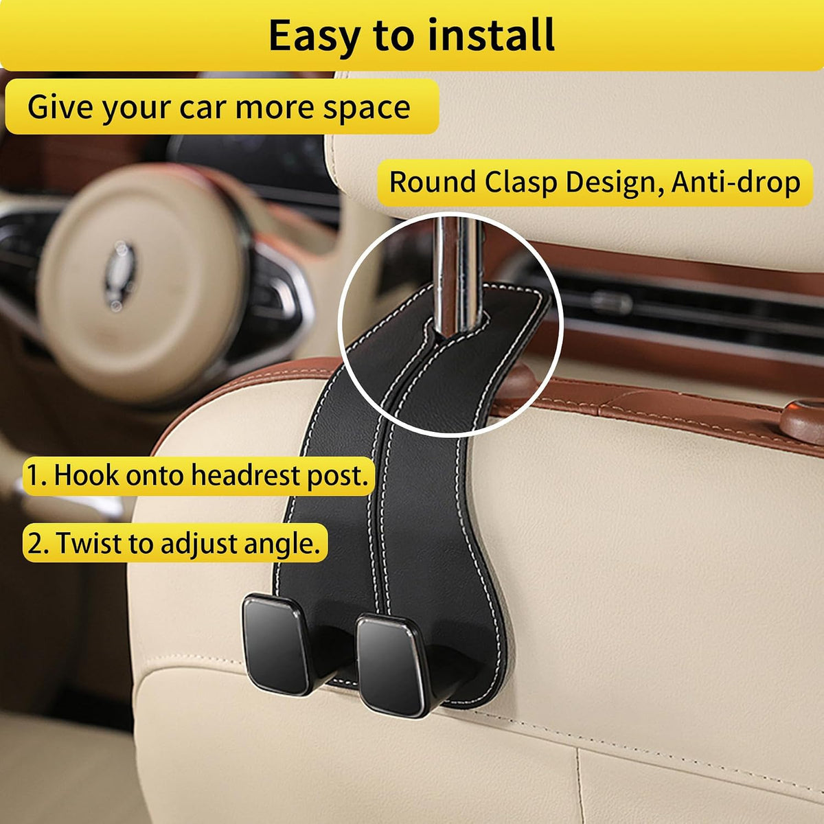 WEIHAO Wide Purse Hook for Car, Twin Hook Leather Car Headrest Hangers, Car Seat Back Storage Hook, Headrest Hooks Purse Bag Holder for Car Universal Fit Sedan Trucks SUVs Most Vehicles (Black-2PCS)