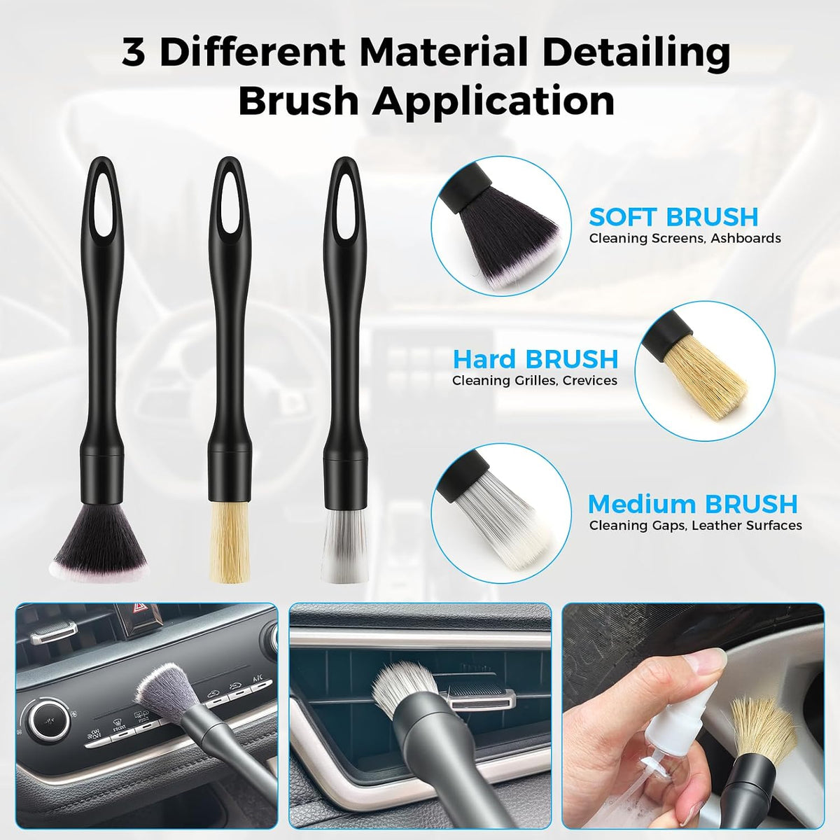 17Pcs Car Cleaning Kit Windshield Cleaner Tool with 3 Extra Microfiber Pads Car Interior Detailing Brushes Dash Duster & Microfiber Towels All-in-One Car Cleaning Supplies for Women Men