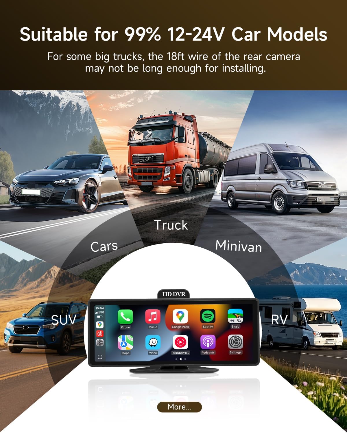 10.26'' Portable Carplay Screen for Car with Dash Cam & Backup Camera