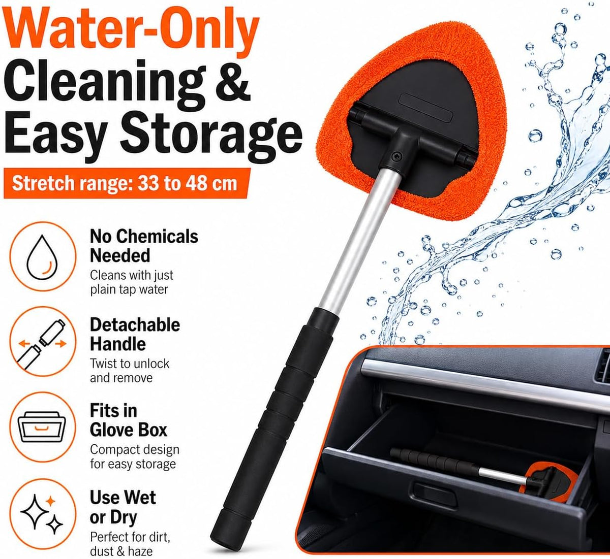 Tanwater Car Window Cleaner with Extendable Handle, Microfiber Windshield Cleaning Tool with 5 Reusable Pads and Spray Bottle for Interior Glass, Mirrors and Windows, Orange