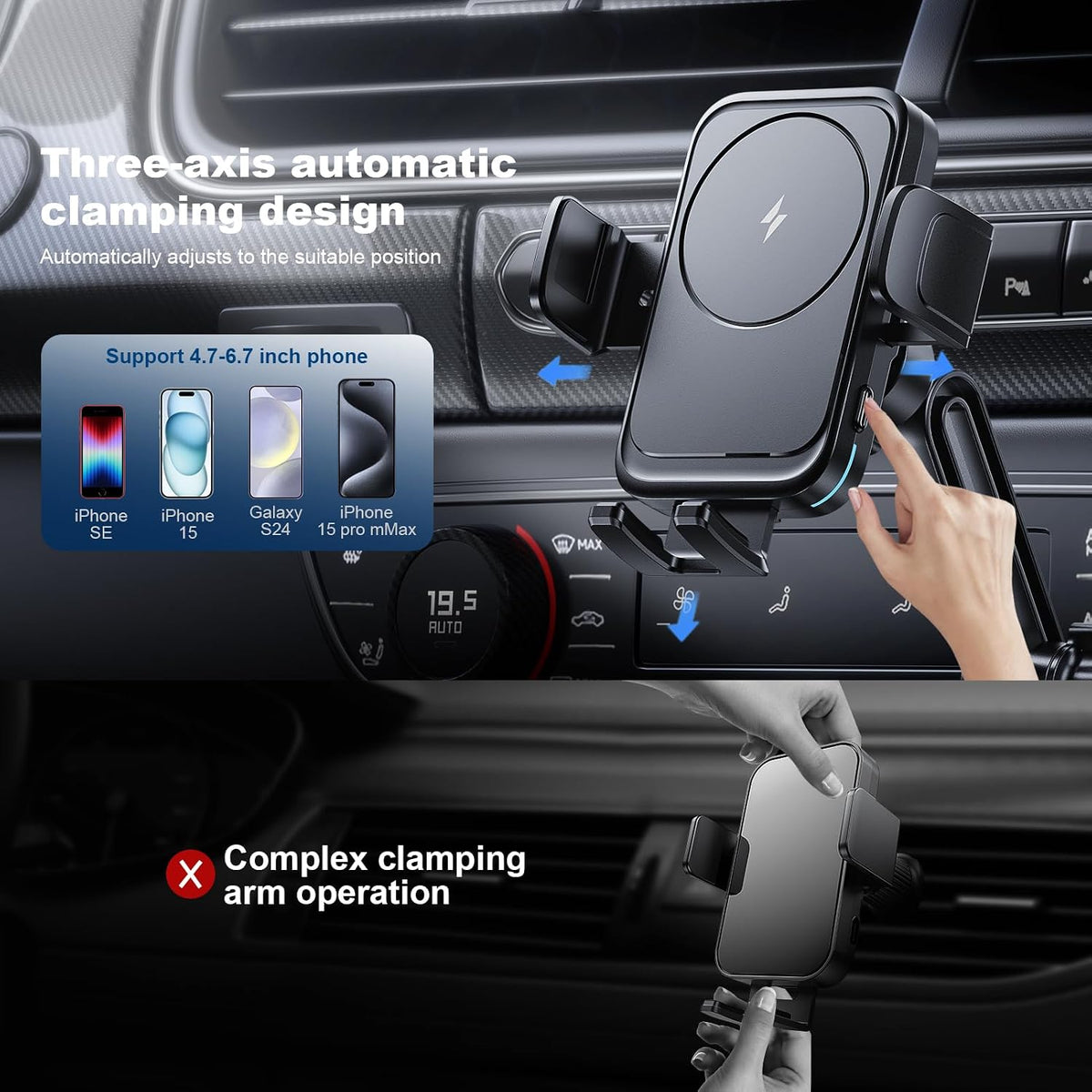 Wireless Car Charger Car Cup Phone Holder 15W Fast Charging Auto Clamping