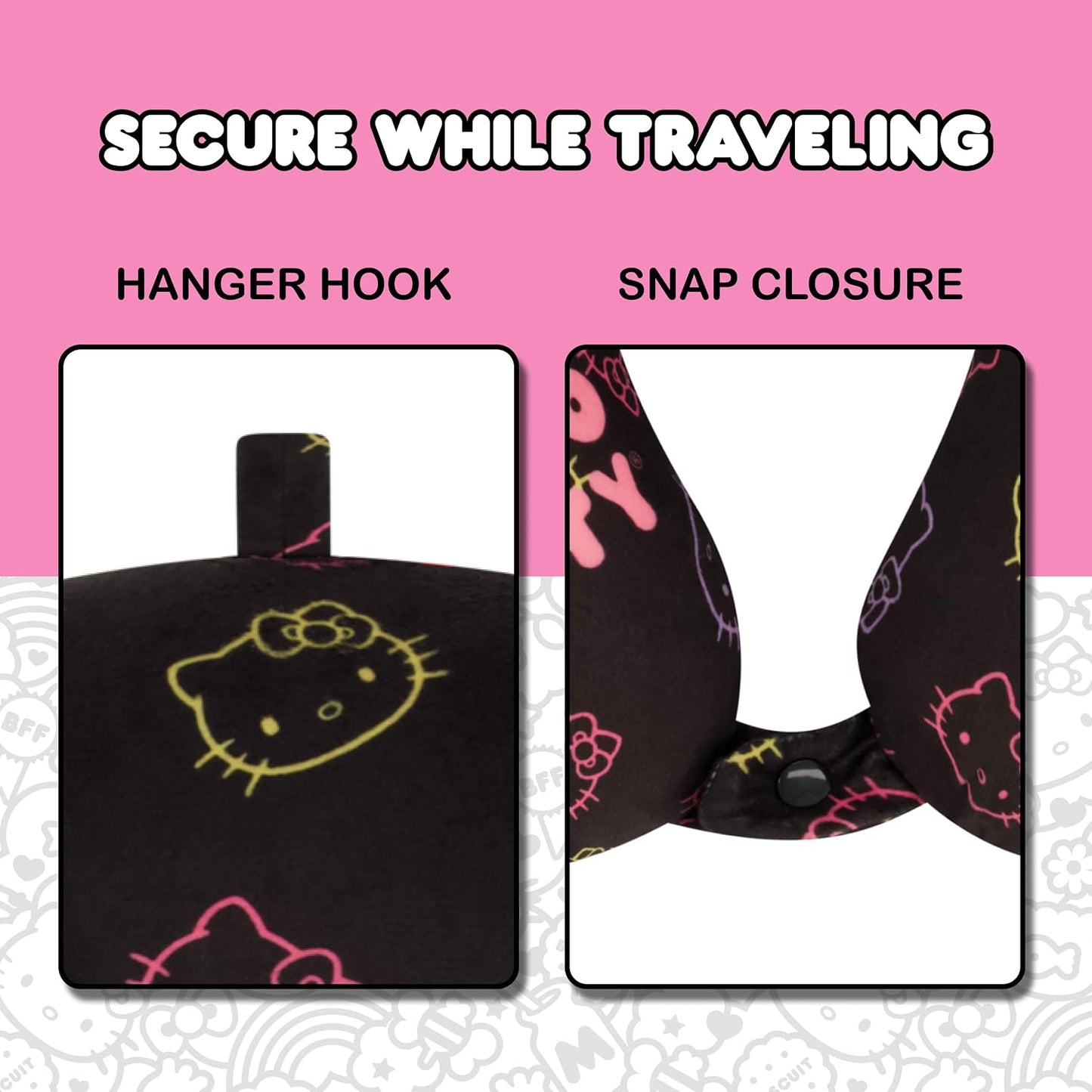 Hello Kitty Neck Pillow, Memory Foam Travel Accessories for Airplane, Car, and Office, Comfortable and Breathable, Black