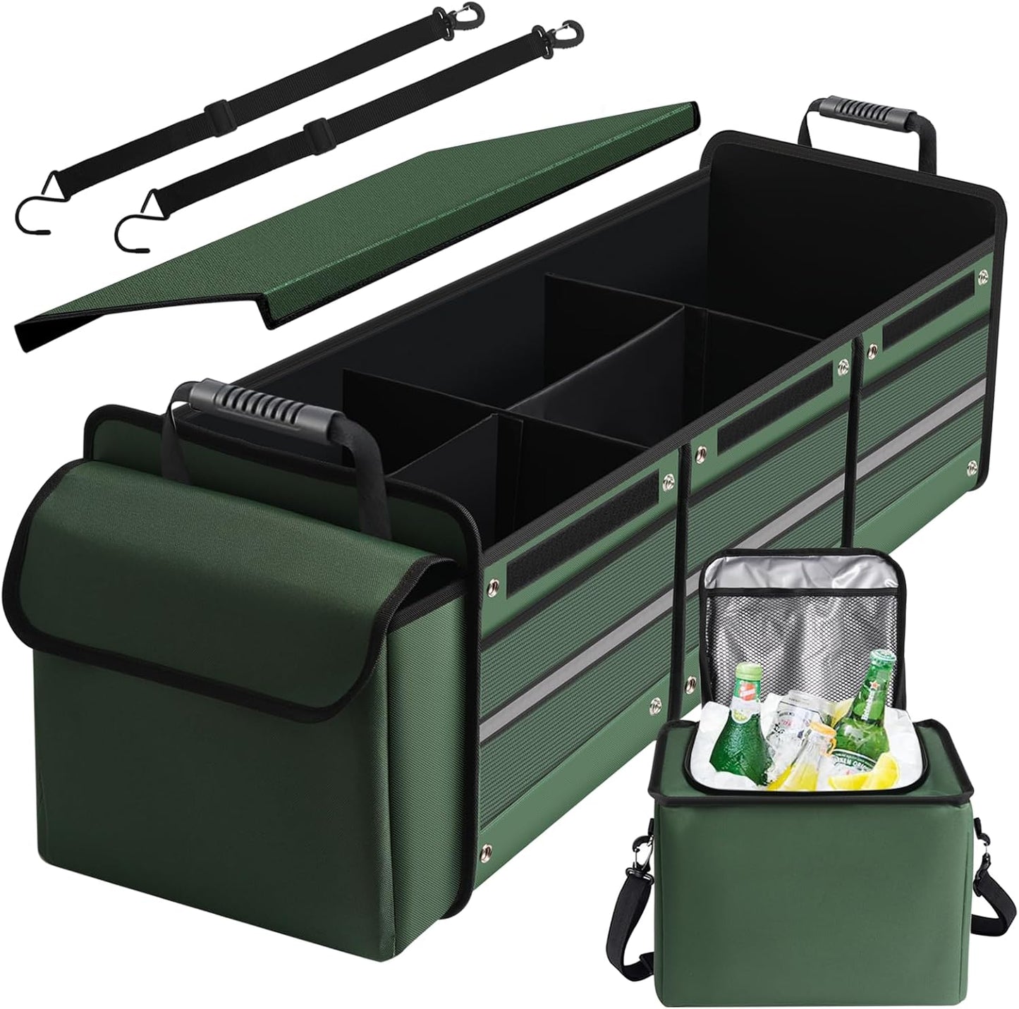 Snuopfy Car Trunk Organizer,115L Heavy Duty Collapsible Trunk Storage, with Insulated Leakproof Cooler Bag Vehicle Cargo Organizer with Lid, 3 Compartments, Straps For Car,Suv,Jeep,Sedan-Green