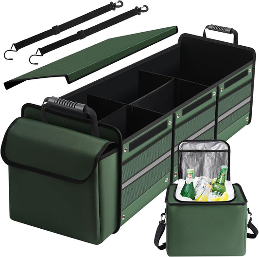 Snuopfy Car Trunk Organizer,115L Heavy Duty Collapsible Trunk Storage, with Insulated Leakproof Cooler Bag Vehicle Cargo Organizer with Lid, 3 Compartments, Straps For Car,Suv,Jeep,Sedan-Green