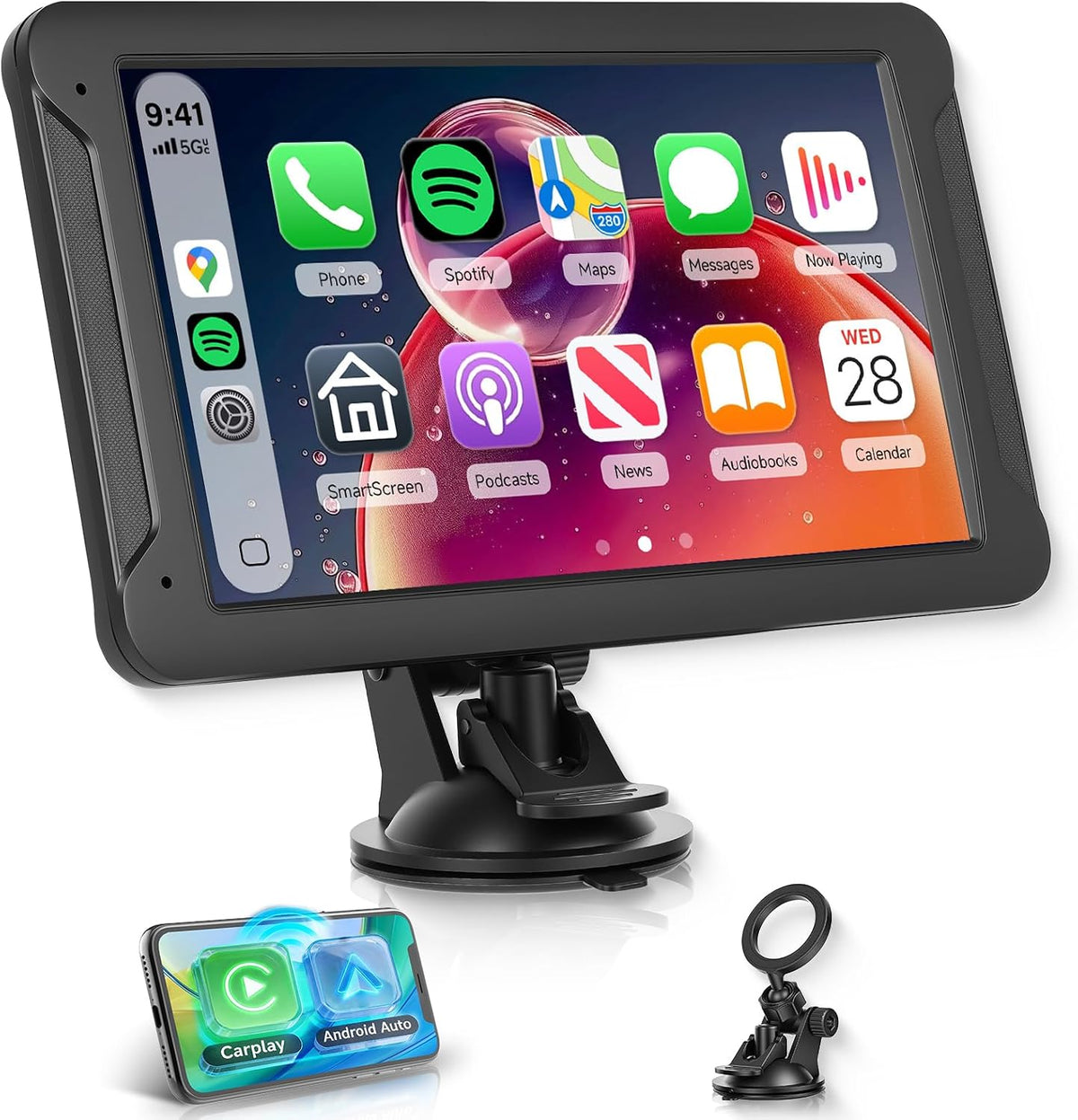 7-Inch HD IPS Portable Carplay Screen for Car, Wireless CarPlay & Android Auto, Bluetooth Music & Call, Wireless Screen Mirroring, CVBS Rearview Camera Compatible with Adjustable Brightness