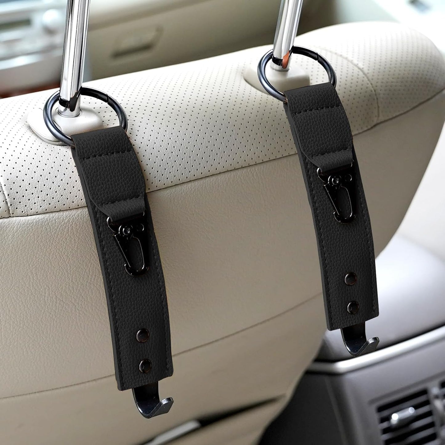 Adorila Car Hooks for Headrest - Backseat Storage Organizer Hangers - PU Leather Strap with Metal Snap Clip for Bags - (Black, 2-Pack)