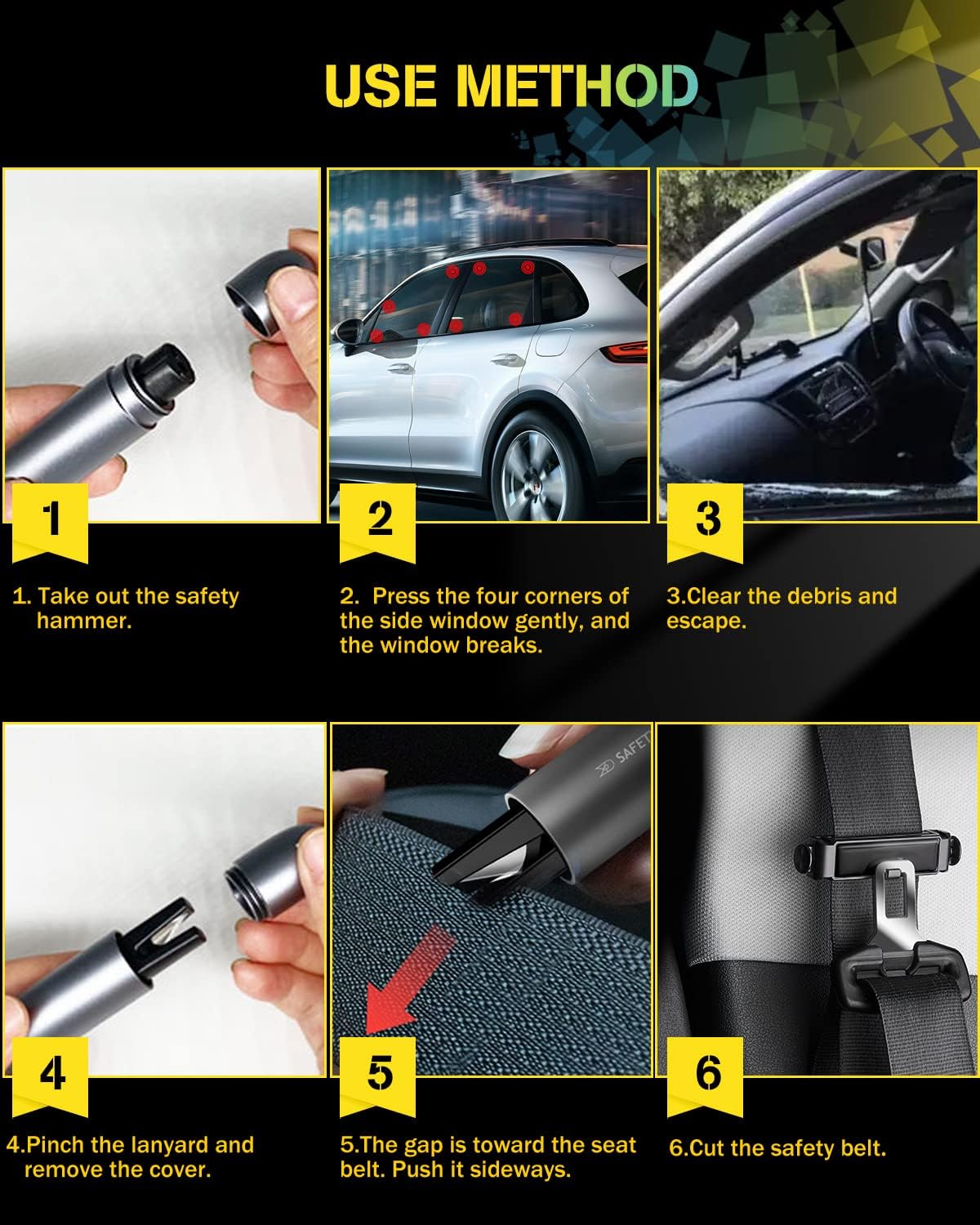 2 Pack Safety Hammer Emergency Car Glass Window Punch Breaker and Seatbelt Cutter, Multifunctional Portable Venicle Eascape Glass Breaker Tool with Seatbelt Cutter(Black*2)