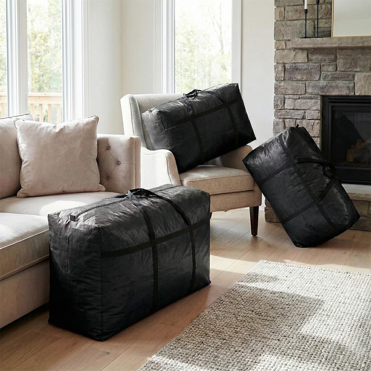 Extra-large Tarp Storage Bag (Black, 45Gal/170L) | Double Zipper, Moisture Resistant and Dustproof, Lightweight Foldable for Moving, Travel, Camping, and Seasonal Organization