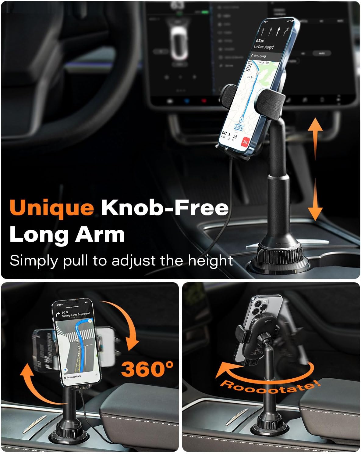 APPS2Car 15W Qi Wireless Car Charger Solid Cup Holder Mount, Adjustable Long Arm & 360° Rotation, Fits 3"–4" Round Cup Holders, Works with Cases ≤ 4 mm (No Metal Attachments)