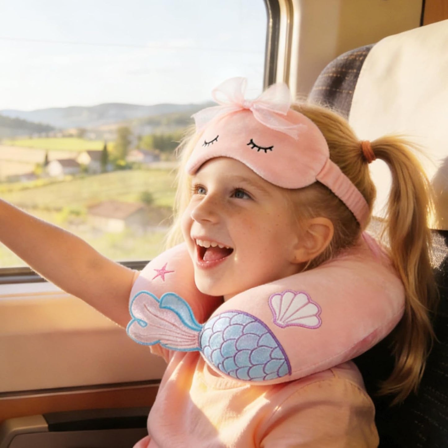 Travel Pillow, Travel Accessories for Car Airplane Traveling, Soft Memory Foam Kids Travel Pillow with Sleep Eye Mask Kids Neck Pillow for Boys & Girls - Cute Pink Mermaid