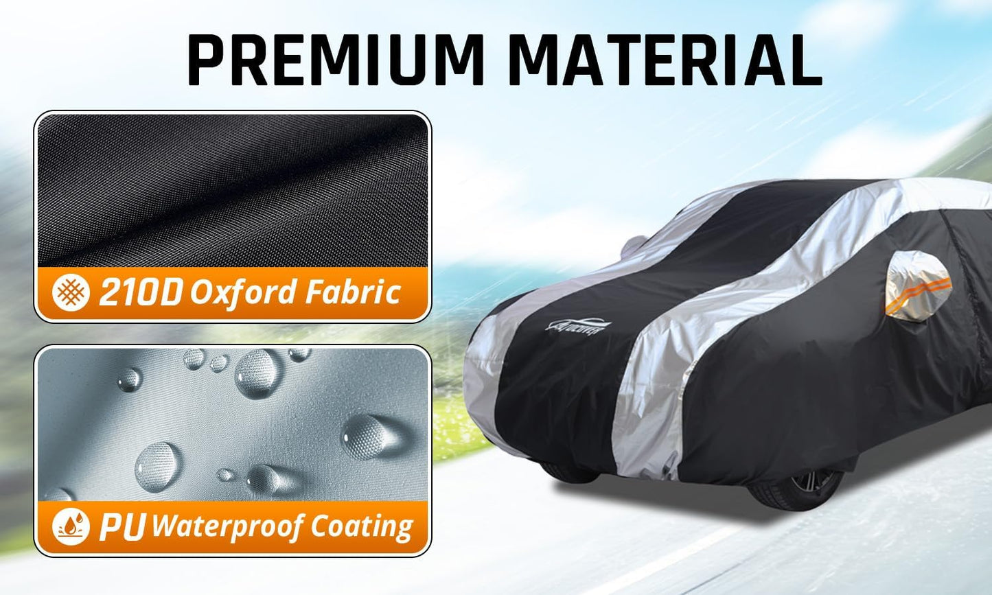 SUV Car Cover Waterproof All Weather Protection with Silver Stripe Design,Universal Fit Toyota RAV4, Honda CRV, Tesla Model Y, Audi Q5, Nissan Rogue, Mazda CX-5, Kia Sorento,Hyundai Sante Fe