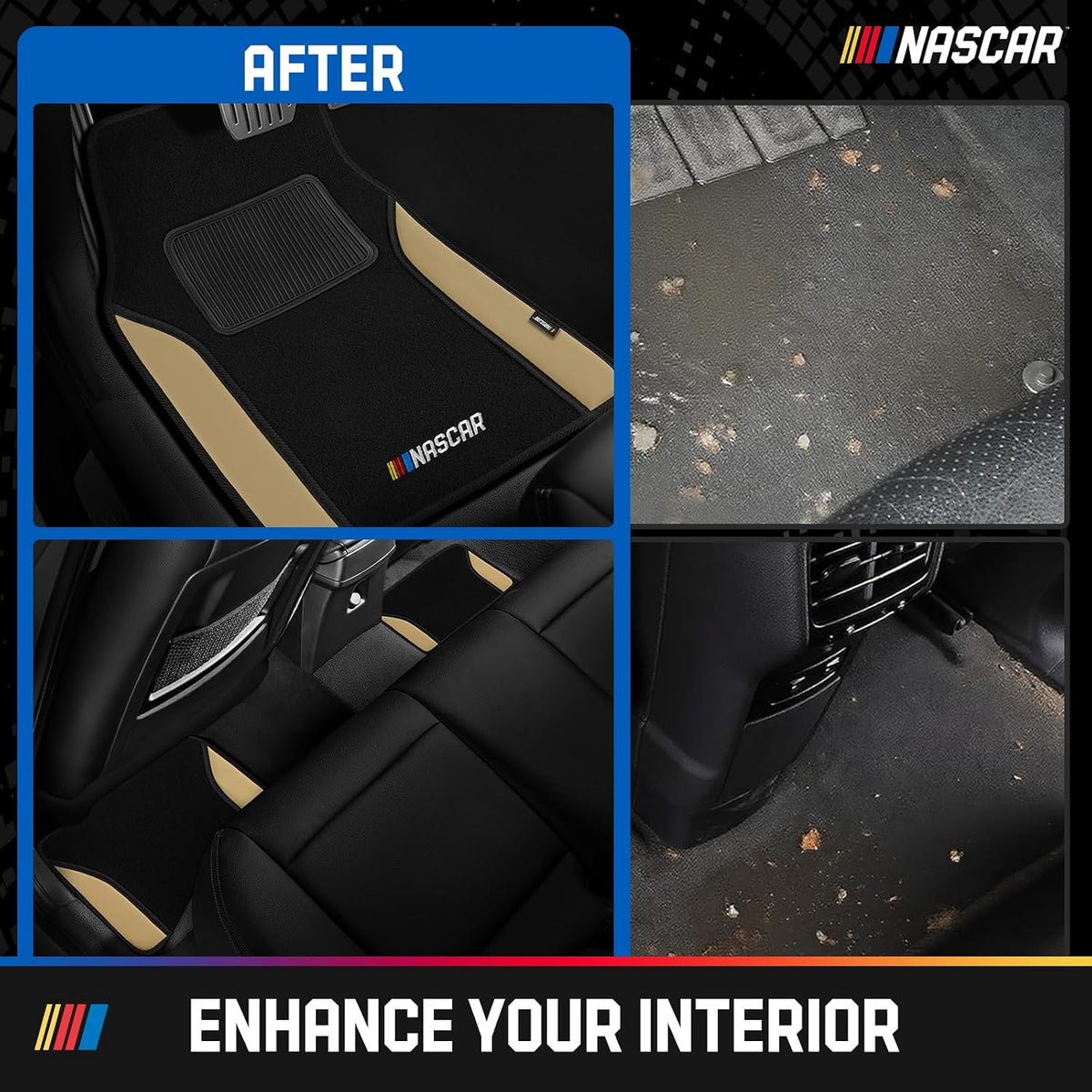 NASCAR Car Floor Mats, Carpet & Beige Leather Design Car Mats, Universal-Fit All-Weather Car Floor Mats with Built-in Heel Pad & Anti-Slip Backing, Durable Odorless Automotive Interior Accessories