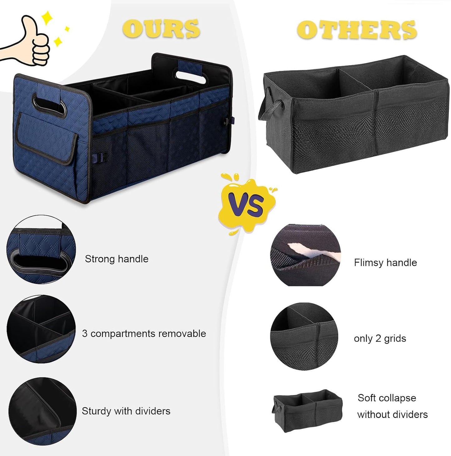 JiatuA Car Trunk Organizer for SUV, Car Storage Organizer Collapsible Multi Compartment Container Box, Adjustable Car Accessories for Women/Men, Dark Blue