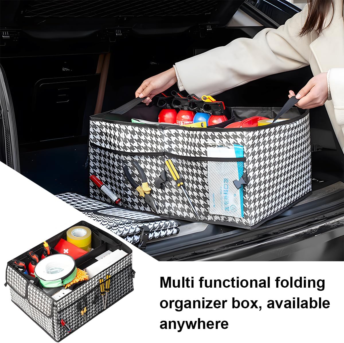 Mandark Car Trunk Organizer, Collapsible Multi Compartment Vehicle Storage Box, Waterproof Adjustable Automotive Organization Container Accessories, Universal for SUV, Sedan, Truck (Checkerboard)
