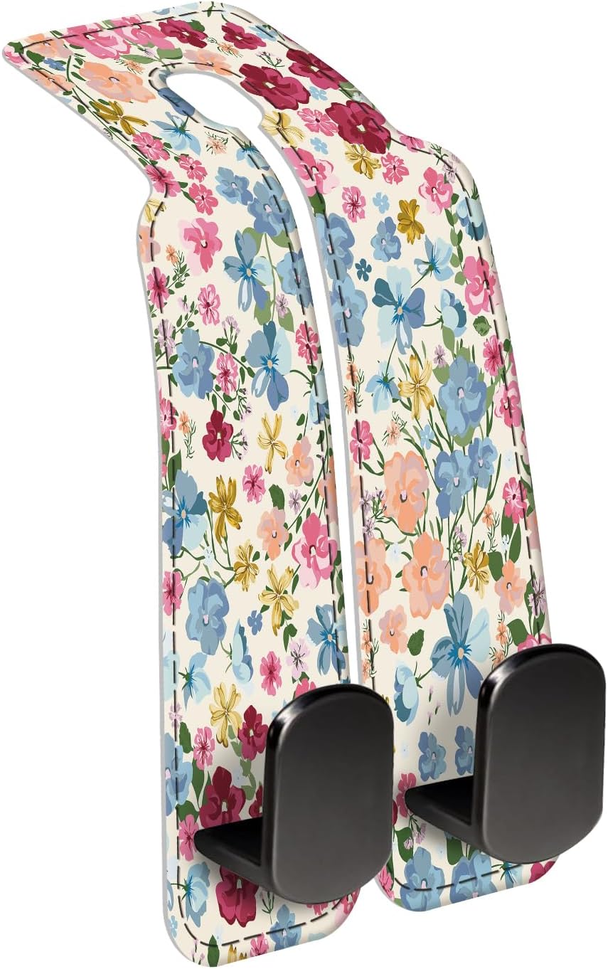 Car Seat Back Storage Headrest Hook, Premium Leather Double Metal Hook, Hanger Storage Organizer for Purse Cloth Bag, Car Interior Accessories Colorful Boho Flowers