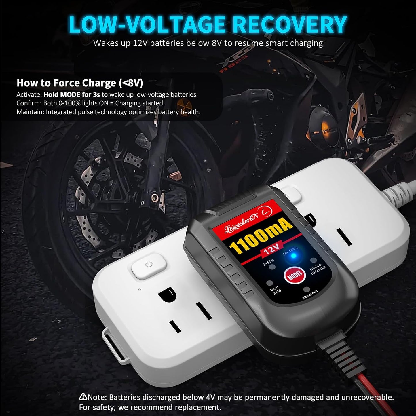2 Pack Motorcycle Battery Charger 12V, 1.1Amp Trickle Charger and Maintainer - Smart Automatic Float Charger for Cruiser Sport Bike ATV Scooter Dirt Bike Lawn Mower, LiFePO4 Lead Acid AGM Gel
