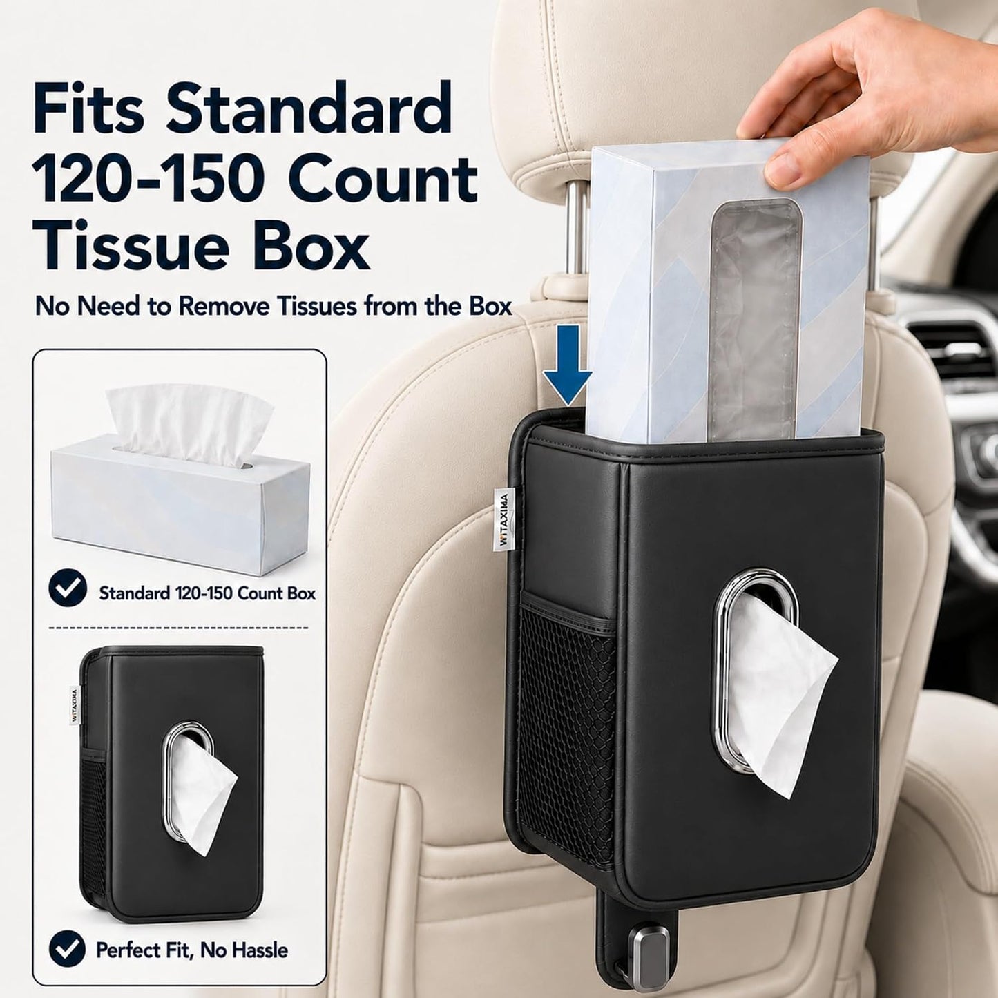 Witaxima 4 in 1 Car Tissue Holder with Headrest Hooks, Small Trash Can & Seat Back Organizer, PU Leather Tissue Box Cover for 120-150 Tissues, Trash Pockets & Hook Set, Keep Car Tidy, Black