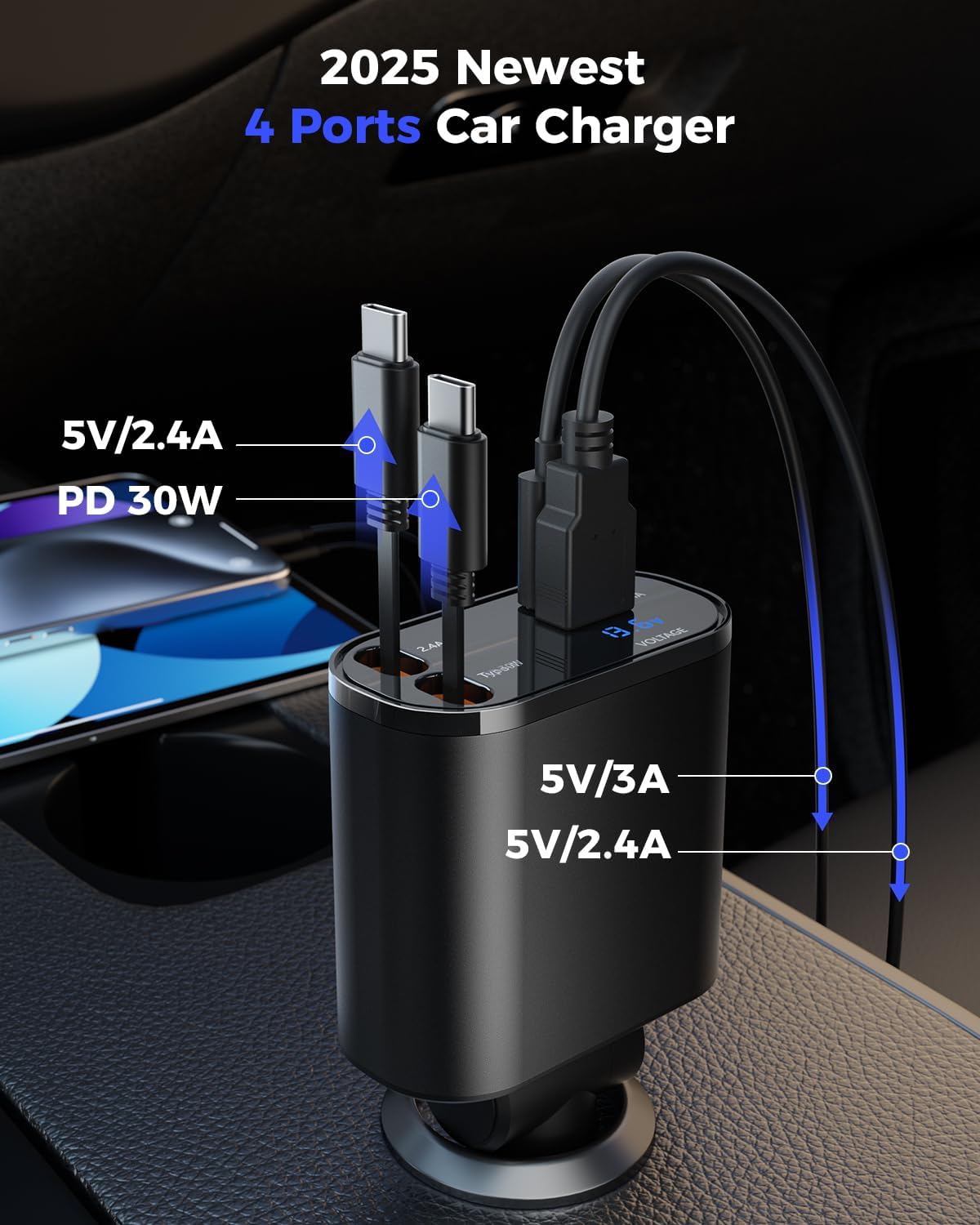 SUPERONE Retractable Car Charger for iPhone with Dual Type C Cables, 4 in 1 USB C Car Charger Adapter with 69W Fast Charging Compatible with iPhone 17 16 15 14 13 12 11 Pro/XS/XR/SE/iPad/Airpods