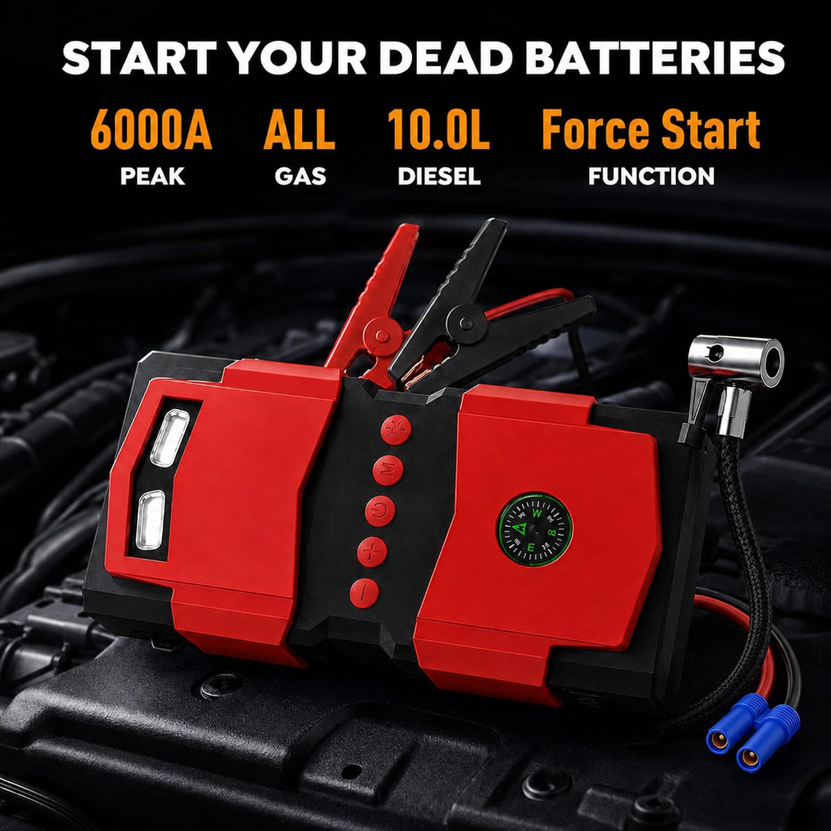 Car Jump Starter with Built-in Air Compressor, Portable Car Battery Jump Box, Multifunctional Tire Inflator, Emergency Car Battery Booster Pack for Cars, Motorcycles, Trucks