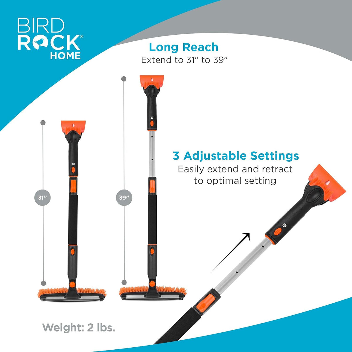 BIRDROCK HOME 39" Extendable Snow Brush with Detachable Ice Scraper for Car - Portable Snow Removal Tool for Windshield & Vehicles - Flexible Handle, Ergonomic Grip, 11" Wide Squeegee & Bristle Head